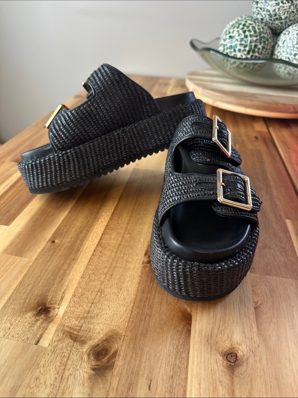 Pinc Black Woven Double-Buckle Platform Slides